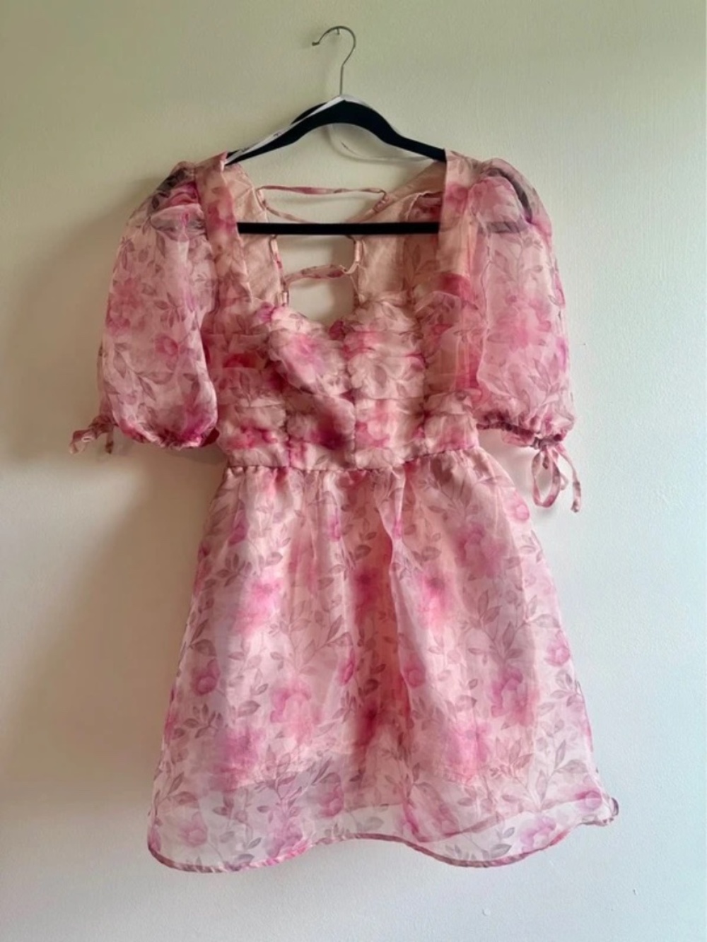 Lulus Pink Floral Organza Puff Sleeve Mini Dress Size Small Lace Up Back